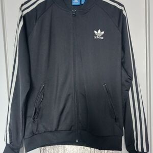 Adidas Men's Black Bomber Jacket with White Stripes
